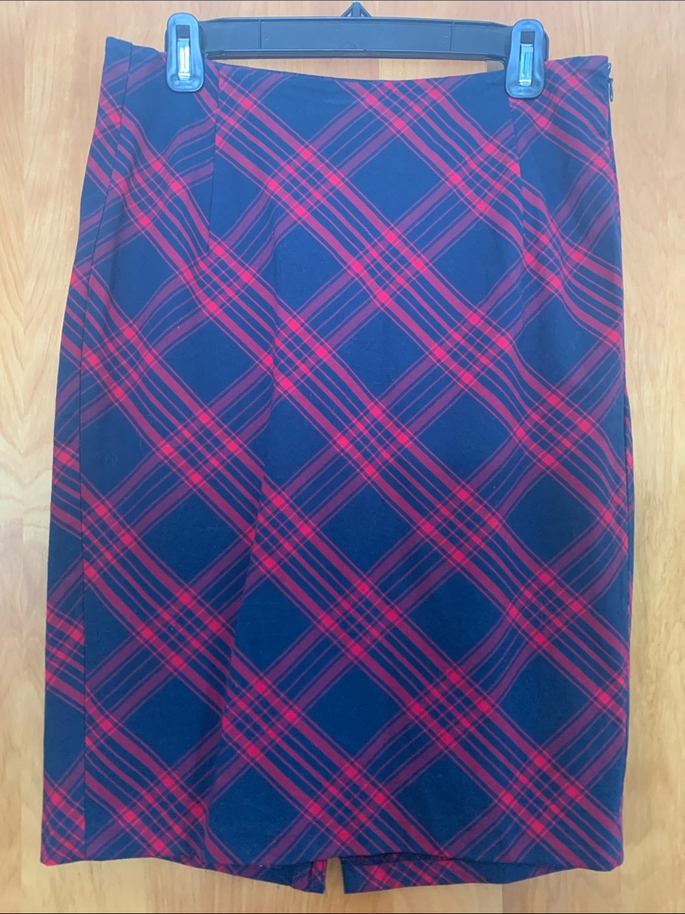 Plaid Pencil Skirt Classic Red & Navy Stretch Cotton sz 6 preppy fall academia